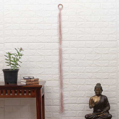 Cotton hanging planter, 'Pink Element' - Handwoven Pink Macrame Cotton Hanging Planter with Wood Ring