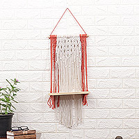 Cotton macrame hanging shelf, 'Audacious Swing' - Handwoven Red and Ivory Cotton Macrame Hanging Shelf