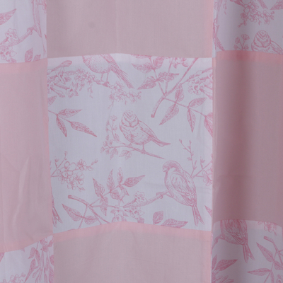 Cotton curtains, 'Checkered Spring' (pair) - Floral Checkered Pink and White Cotton Curtains (Pair)