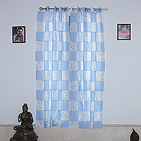 Cortinas de algodón, (par) - 2 cortinas de algodón a cuadros en azul y blanco con estampado de estrellas