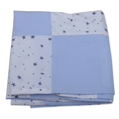 Cotton curtains, 'Checkered Stars' (pair) - 2 Checkered Blue & White Cotton Curtains with Star Patterns