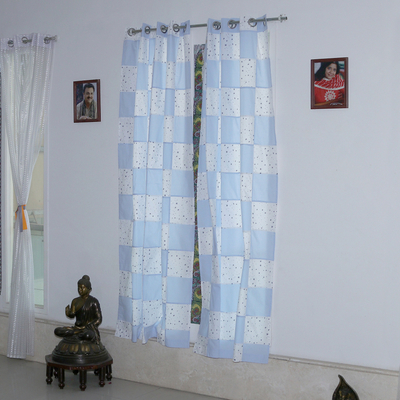 Cotton curtains, 'Checkered Stars' (pair) - 2 Checkered Blue & White Cotton Curtains with Star Patterns