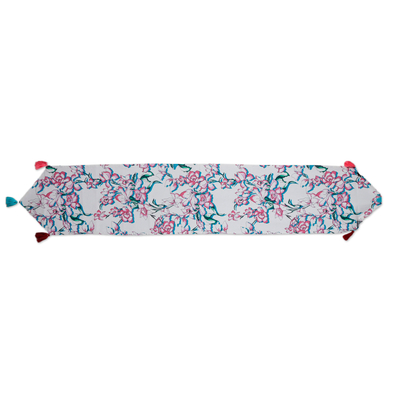 Camino de mesa de algodón - Camino de mesa de algodón floral hecho a mano en tonos rosas y azules
