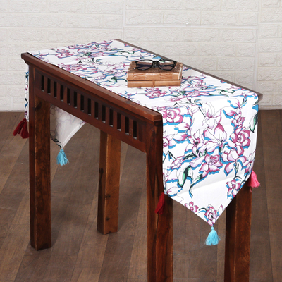 Camino de mesa de algodón - Camino de mesa de algodón floral hecho a mano en tonos rosas y azules