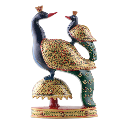 Wood sculpture, 'Peacock Bond' - Hand-Painted Wood Sculpture of Peacock and Child from India