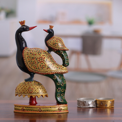 Wood sculpture, 'Peacock Bond' - Hand-Painted Wood Sculpture of Peacock and Child from India