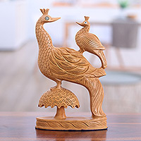 Escultura de madera, 'Peacock Love' - Escultura de madera Kadam del padre Peacock y el niño de la India
