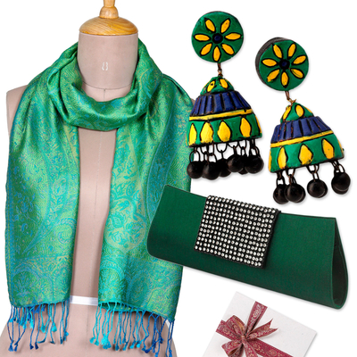 Curated gift set, 'Elegance in Subtle Hues' - Handcrafted Green-Toned Traditional Curated Gift Set
