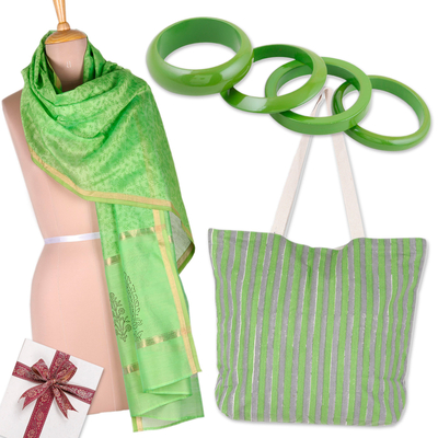 Curated gift set, 'Green Dame' - Handmade Green-Toned Cotton, Silk and Wood Curated Gift Set