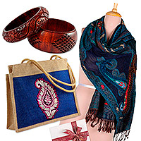 Curated gift set, 'Earth's Beauty' - Handmade Blue and Teal Jute, Wool and Wood Curated Gift Set