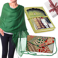 Curated gift set, 'Green Splash' - Handcrafted Green-Toned Traditional Curated Gift Set