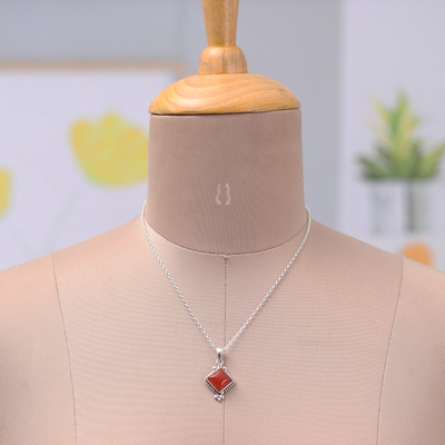 Carnelian pendant necklace, 'Manor of the Courageous' - Polished Sterling Silver Natural Carnelian Pendant Necklace