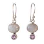 Rainbow moonstone and amethyst dangle earrings, 'Sage's Harmony' - Natural Rainbow Moonstone and Amethyst Dangle Earrings