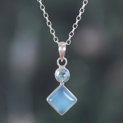 Chalcedony and blue topaz pendant necklace, 'Diamond Portal' - Blue-Toned Chalcedony and Blue Topaz Pendant Necklace