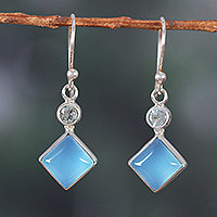 Chalcedony and blue topaz dangle earrings, 'Diamond Portal' - Blue-Toned Chalcedony and Blue Topaz Dangle Earrings
