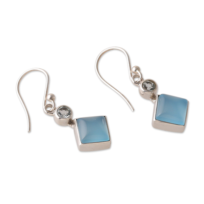 Chalcedony and blue topaz dangle earrings, 'Diamond Portal' - Blue-Toned Chalcedony and Blue Topaz Dangle Earrings