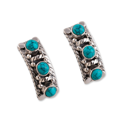 Sterling silver drop earrings, 'Stairs to Peace' - Classic Polished Stair-Shaped Recon Turquoise Drop Earrings
