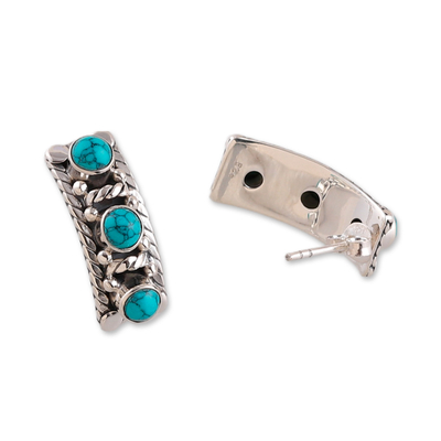 Sterling silver drop earrings, 'Stairs to Peace' - Classic Polished Stair-Shaped Recon Turquoise Drop Earrings