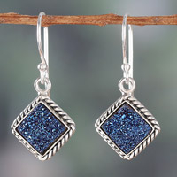 Pendientes colgantes de cuarzo Drusy, 'Unity in Wisdom' - Pendientes colgantes de cuarzo Drusy azul en forma de diamante