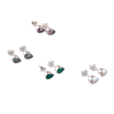 Gemstone stud earrings, 'Earth's Drops' (set of 4) - High-Polished Gemstone Stud Earrings from India (Set of 4)