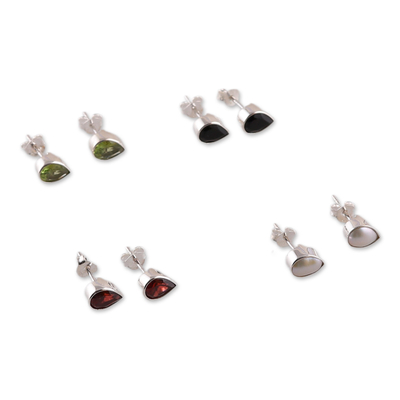 Gemstone stud earrings, 'Time's Drops' (set of 4) - Drop-Shaped Gemstone Stud Earrings from India (Set of 4)