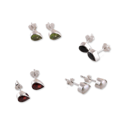 Gemstone stud earrings, 'Time's Drops' (set of 4) - Drop-Shaped Gemstone Stud Earrings from India (Set of 4)