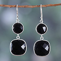 Onyx dangle earrings, 'Mysterious Duo' - Polished 40-Carat Faceted Onyx Dangle Earrings from India
