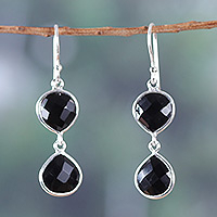 Onyx dangle earrings, 'Magical Dazzle' - Polished 14-Carat Faceted Onyx Dangle Earrings from India