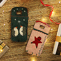 Fundas móviles de fieltro de lana, 'Holiday Vibes' (juego de 2) - Conjunto de 2 fundas móviles de fieltro de lana con temática navideña hechas a mano