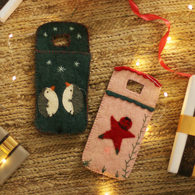 Wool felt mobile cases, 'Holiday Vibes' (set of 2) - Set of 2 Handcrafted Holiday-Themed Wool Felt Mobile Cases