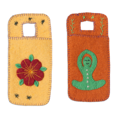 Fundas para móviles de fieltro de lana, (juego de 2) - Juego de 2 fundas para móviles de fieltro de lana con temática de yoga hechas a mano