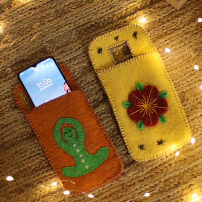 Wool felt mobile cases, 'Peaceful Vibes' (set of 2) - Set of 2 Handcrafted Yoga-Themed Wool Felt Mobile Cases