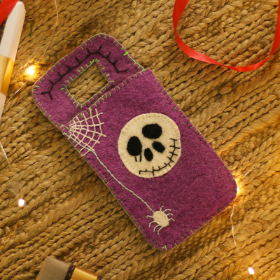 Wool felt mobile case, 'Spooky Vibe' - Handcrafted Halloween-Themed Purple Wool Felt Mobile Case