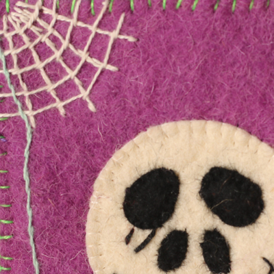 Wool felt mobile case, 'Spooky Vibe' - Handcrafted Halloween-Themed Purple Wool Felt Mobile Case