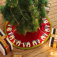 Falda de árbol de fieltro de lana, 'Gigantes de Navidad' - Falda de árbol de fieltro de lana roja y verde con temática de elefante hecha a mano