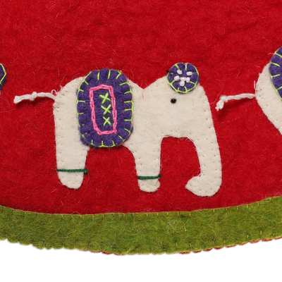 Falda árbol de fieltro de lana - Falda de árbol de fieltro de lana roja y verde con temática de elefante hecha a mano