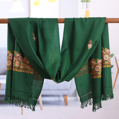 Mantón de lana - Chal esmeralda bordado floral de lana y rayón tejido a mano
