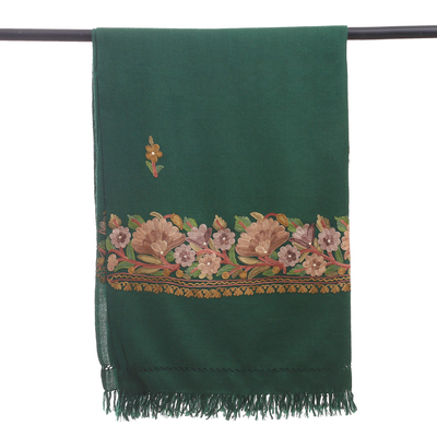 Mantón de lana - Chal esmeralda bordado floral de lana y rayón tejido a mano