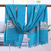 Mantón de lana - Chal turquesa bordado floral de lana y rayón tejido a mano