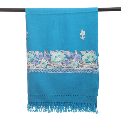 Wollschal - Mit Blumenmuster handgewebter türkisfarbener Schal aus Wolle und Rayon mit Stickerei