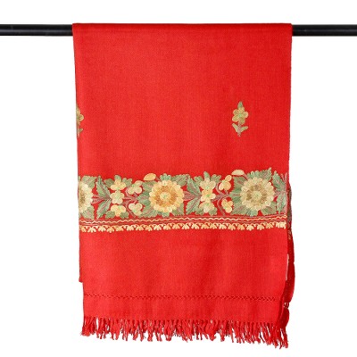 Wool shawl, 'Garden of Vermilion' - Floral Handwoven Wool and Rayon Embroidered Vermilion Shawl