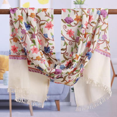 Wool shawl, 'Morning Splendor' - Floral Rayon-Embroidered Wool Shawl in an Ivory Hue