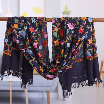 Floral Rayon-Embroidered Wool Shawl in a Midnight Hue, 'Nocturnal Splendor