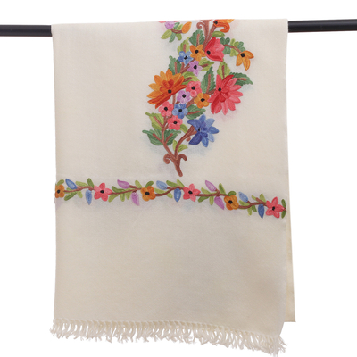 Wool shawl, 'Ivory Prime' - Floral Rayon-Embroidered Ivory Wool Shawl with Fringes