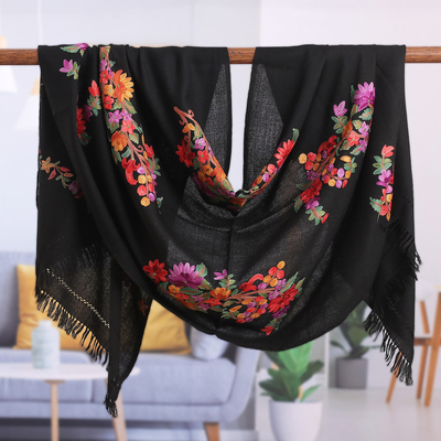 Wool shawl, 'Onyx Prime' - Floral Rayon-Embroidered Onyx Wool Shawl with Fringes