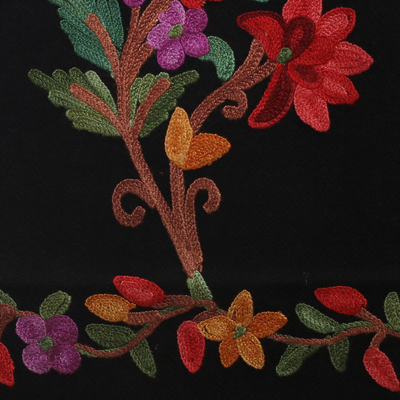 Chal de lana - Mantón de lana ónix con bordado floral de rayón y flecos