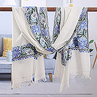 Wool shawl, 'Peaceful Glory' - Rayon-Embroidered Woven Wool Shawl in Ivory and Blue Hues
