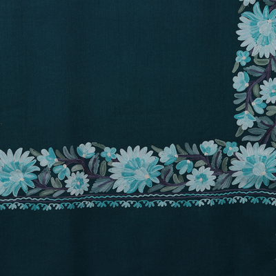 Mantón de lana - Chal de lana y rayón con bordado floral en tonos verde azulado