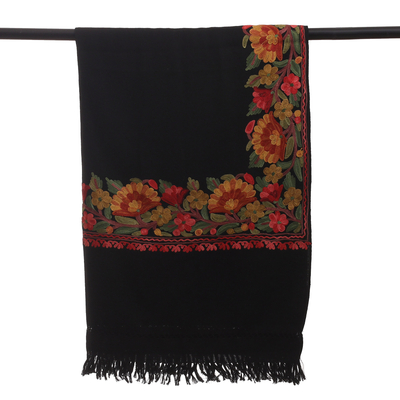 Wool shawl, 'Bewitching Glory' - Rayon-Embroidered Woven Wool Shawl in Black and Warm Hues
