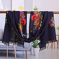 Embroidered wool shawl, 'Midnight Blossoming' - Spring-Themed Floral Rayon Embroidered Midnight Wool Shawl